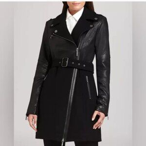 BCBGMAXAZRIA JOHNNA BLACK WOOL / LEATHER LONG MOTO JACKET SMALL